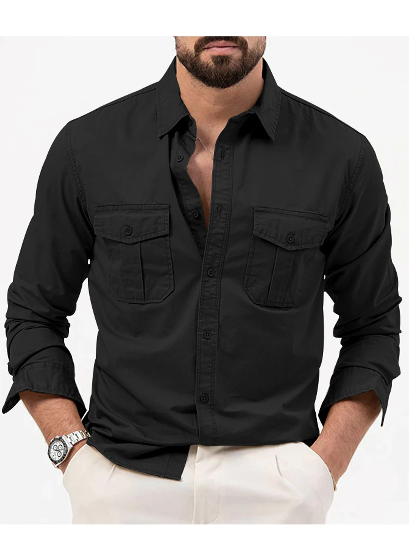 Spring/Summer European and American Men's Shirts with Multiple Pockets, Casual Slim Fit, Long sleeved Workwear Top