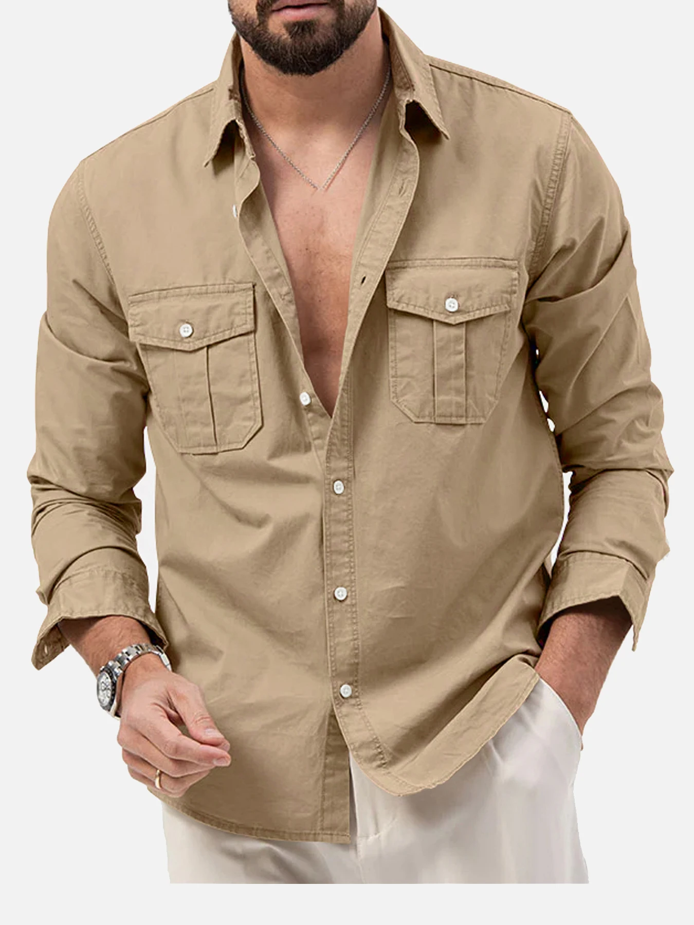 Spring/Summer European and American Men's Shirts with Multiple Pockets, Casual Slim Fit, Long sleeved Workwear Top