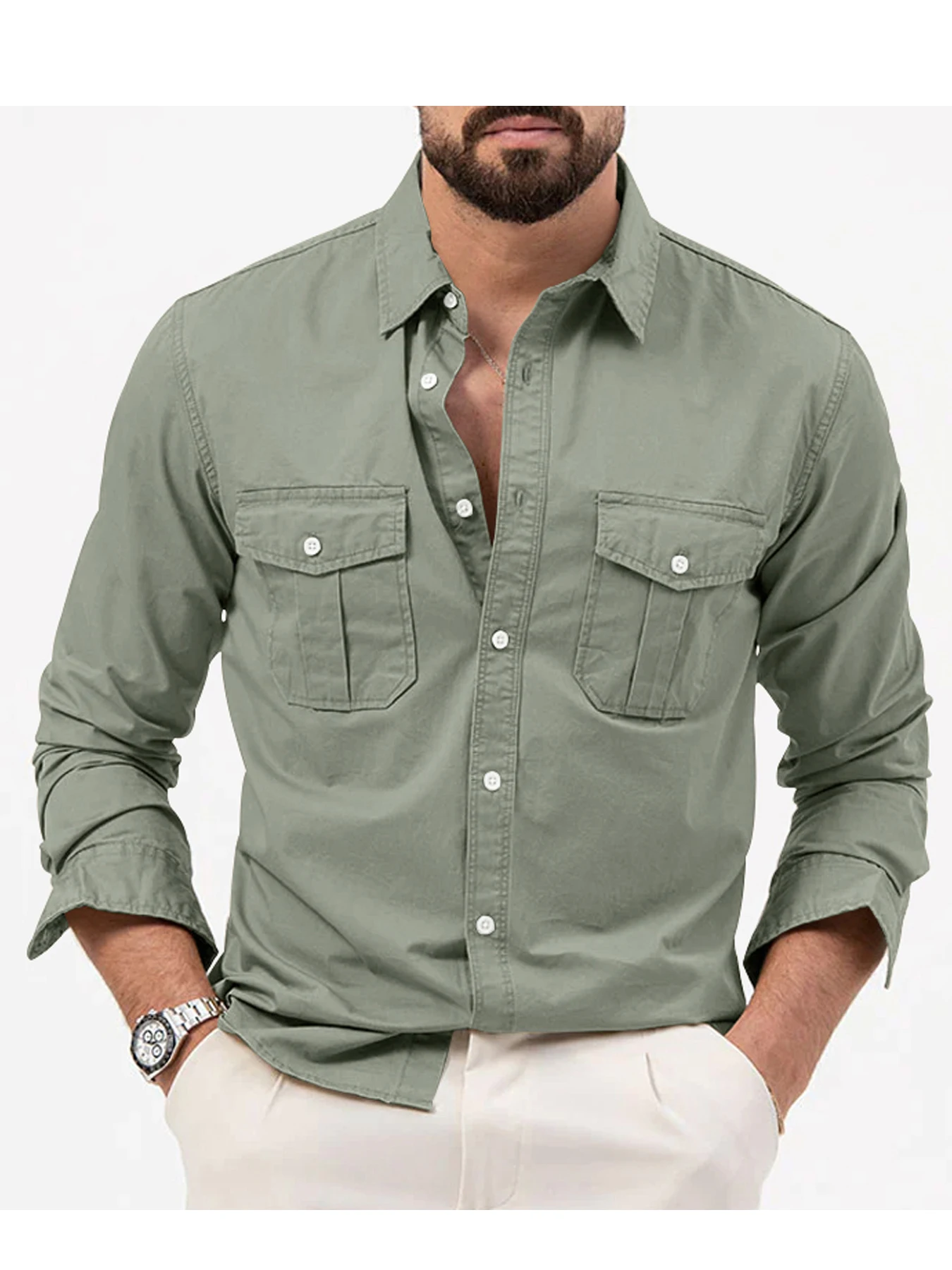 Spring/Summer European and American Men's Shirts with Multiple Pockets, Casual Slim Fit, Long sleeved Workwear Top