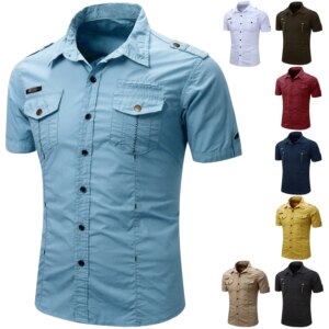New Fashion 2025 Men's Casual 100% Cotton Military Tactical Shirt Summer Short Sleeve Solid Color Cargo Work Shirts with Pocket