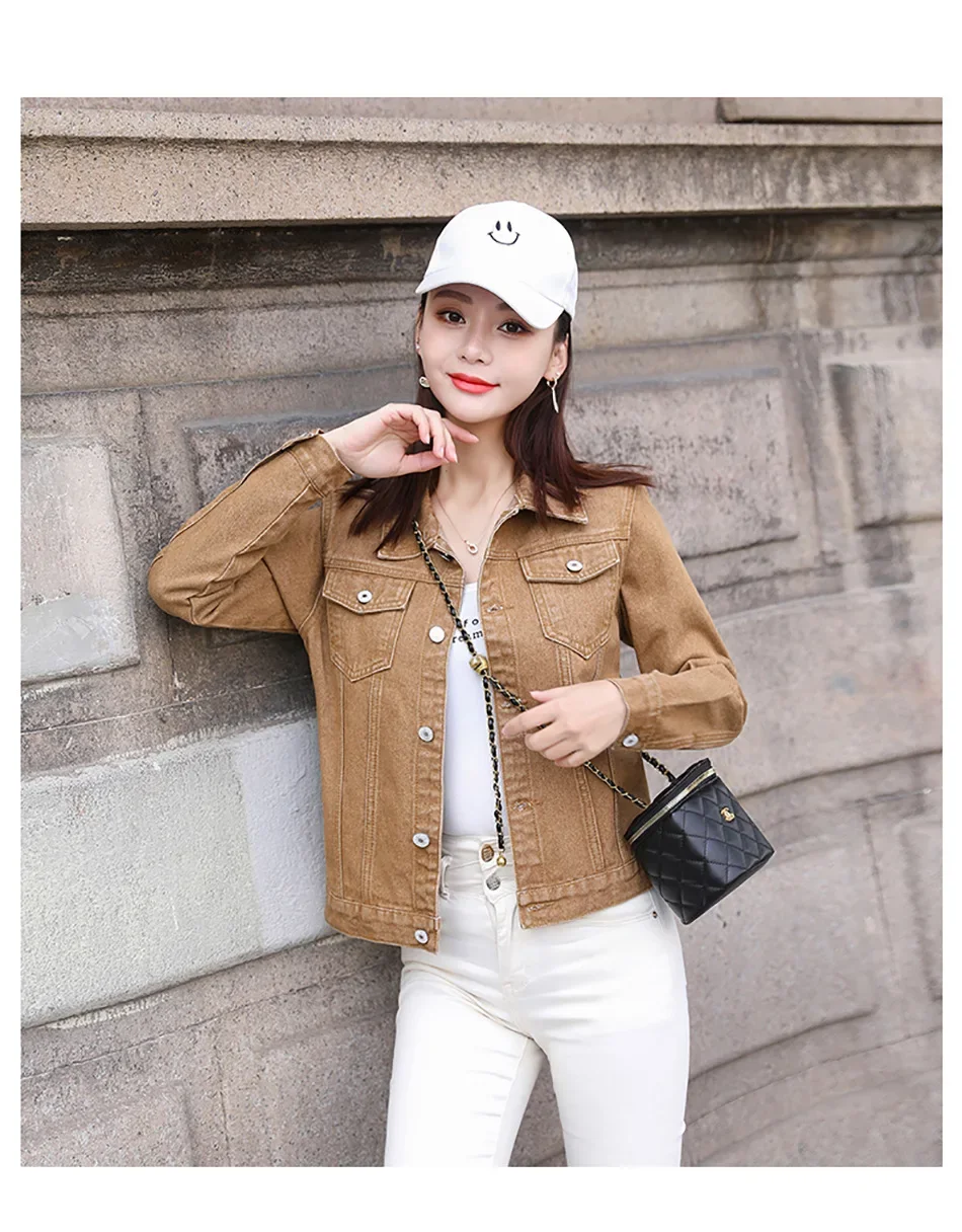 Spring Autumn New Candy Colored Denim Jacket Preppy Style Slimming Long Sleev For Women Smooths Your Silhouette Short Length Spring Autumn New Candy Colored Denim Jacket Preppy Style Slimming Long Sleev For Women Smooths Your Silhouette Short Length