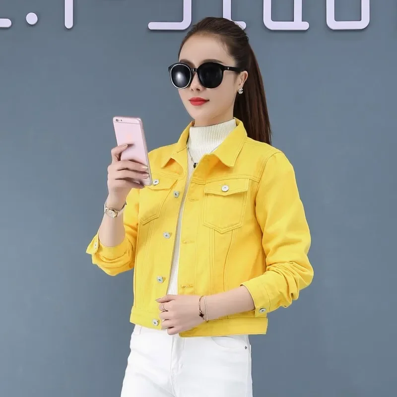 Spring Autumn New Candy Colored Denim Jacket Preppy Style Slimming Long Sleev For Women Smooths Your Silhouette Short Length Spring Autumn New Candy Colored Denim Jacket Preppy Style Slimming Long Sleev For Women Smooths Your Silhouette Short Length