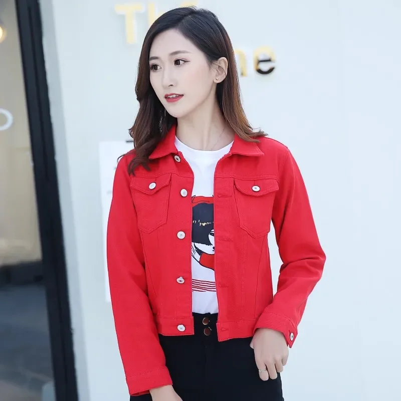 Spring Autumn New Candy Colored Denim Jacket Preppy Style Slimming Long Sleev For Women Smooths Your Silhouette Short Length Spring Autumn New Candy Colored Denim Jacket Preppy Style Slimming Long Sleev For Women Smooths Your Silhouette Short Length