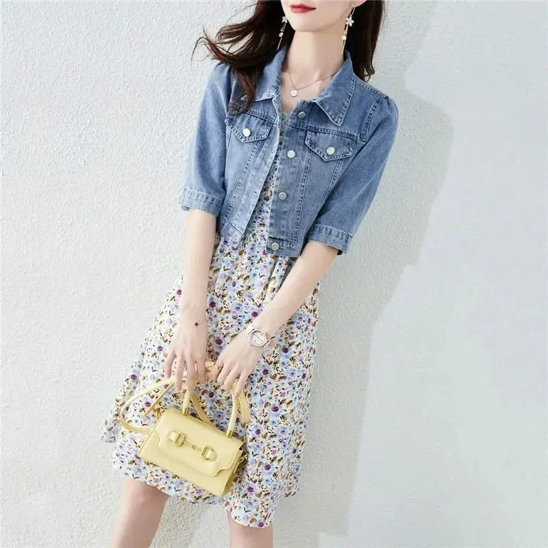 Vintage Crops Trendy Turn Down Collar Jackets Women Basic Solid Outwear Half Sleeve Denim Fit Harajuku Street Denim Jacket Women Vintage Crops Trendy Turn Down Collar Jackets Women Basic Solid Outwear Half Sleeve Denim Fit Harajuku Street Denim Jacket Women