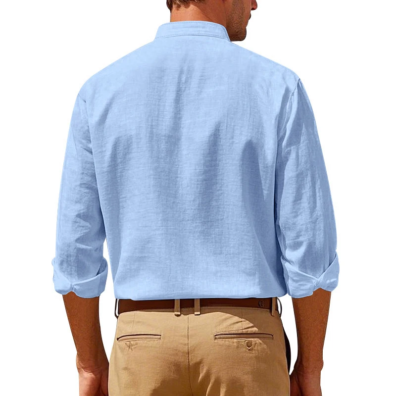New Men's Long Sleeve Stand Collar Shirts Cotton Men's Casual T-Shirt Casual Regular Fit Breathable Streetwear Lightweight Tops