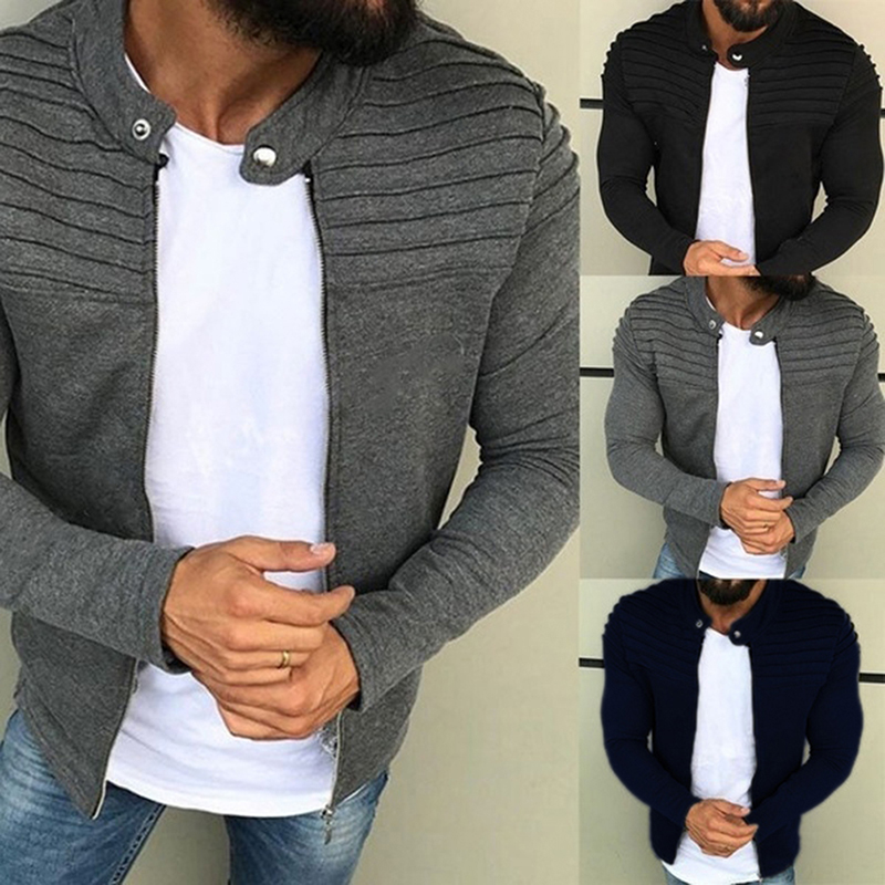 Men's Collar Jackets Black Lightweight Sweatshirts Full Zip Up Neck Long Sleeve Tops with Pocket Autumn Winter Outwear Jacket