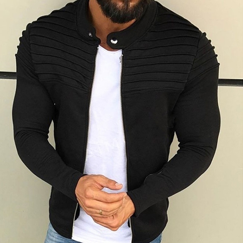 Men's Collar Jackets Black Lightweight Sweatshirts Full Zip Up Neck Long Sleeve Tops with Pocket Autumn Winter Outwear Jacket