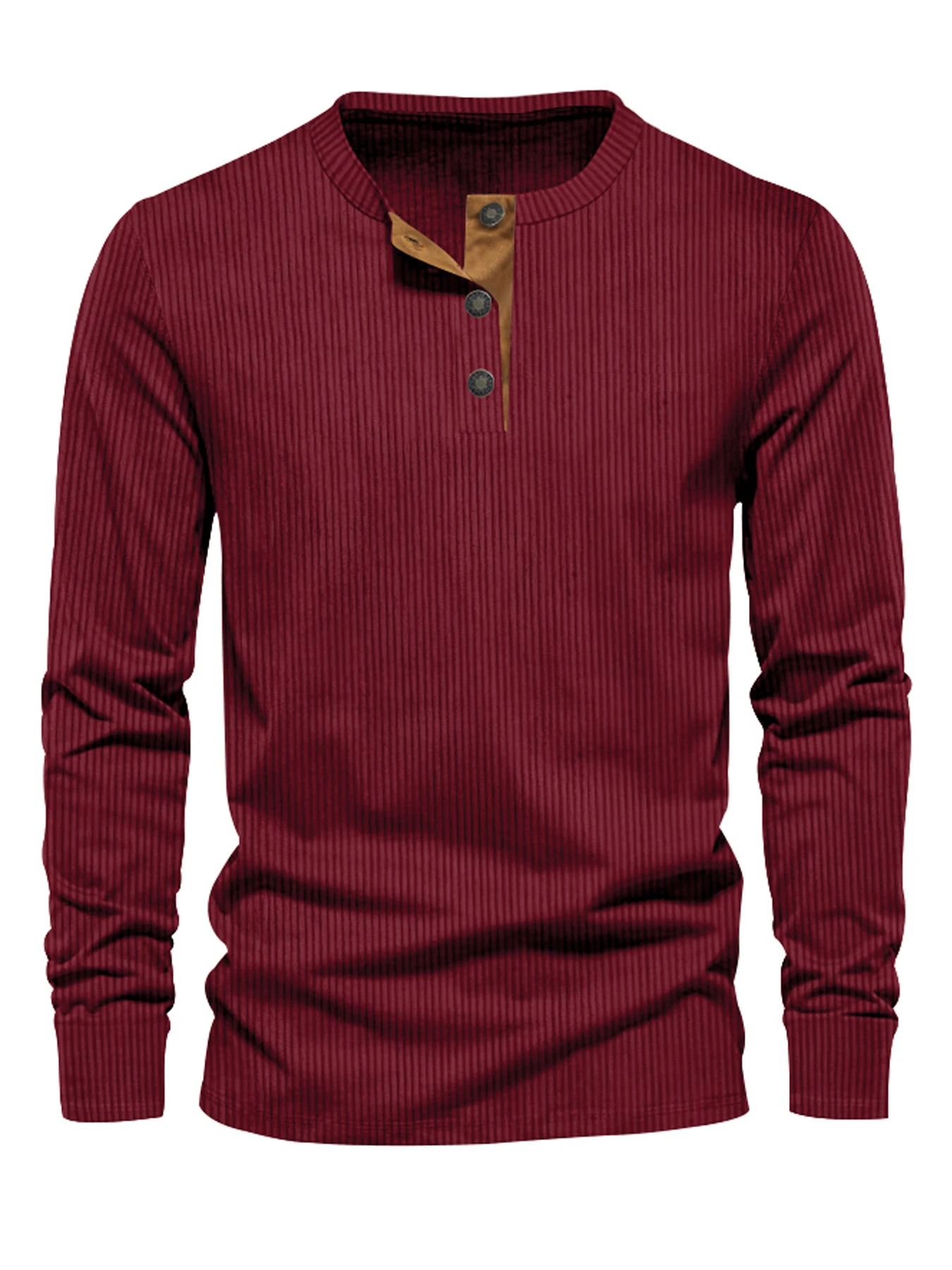 2024 Spring and Autumn New Cross-border Men's Independent Station Corduroy Casual Henry Slim Solid Color Long Sleeve T-Shirt