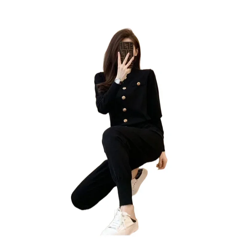 Elegant Fashionable Women's Autumn New Korean Version Slimming Stylish Black Casual Sportswear 2-Piece Set Trendy
