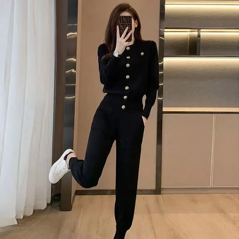 Elegant Fashionable Women's Autumn New Korean Version Slimming Stylish Black Casual Sportswear 2-Piece Set Trendy