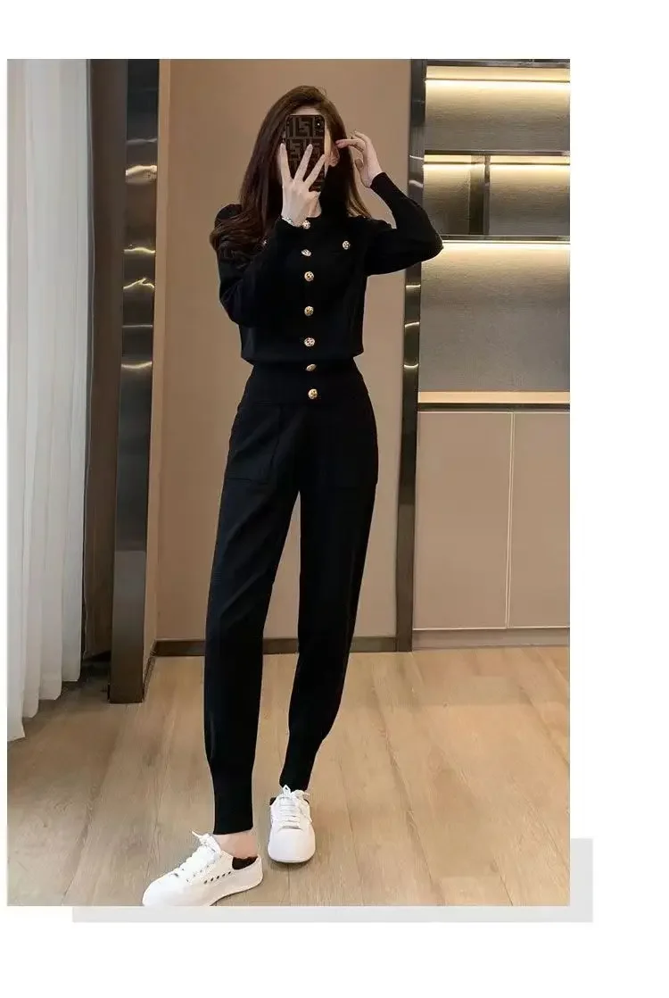 Elegant Fashionable Women's Autumn New Korean Version Slimming Stylish Black Casual Sportswear 2-Piece Set Trendy