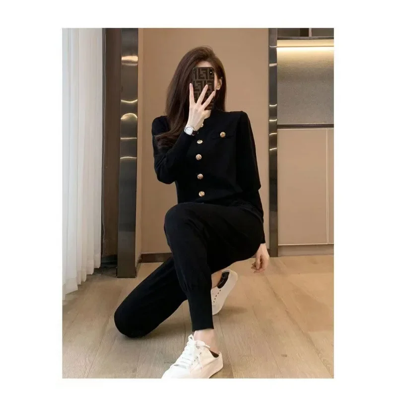 Elegant Fashionable Women's Autumn New Korean Version Slimming Stylish Black Casual Sportswear 2-Piece Set Trendy