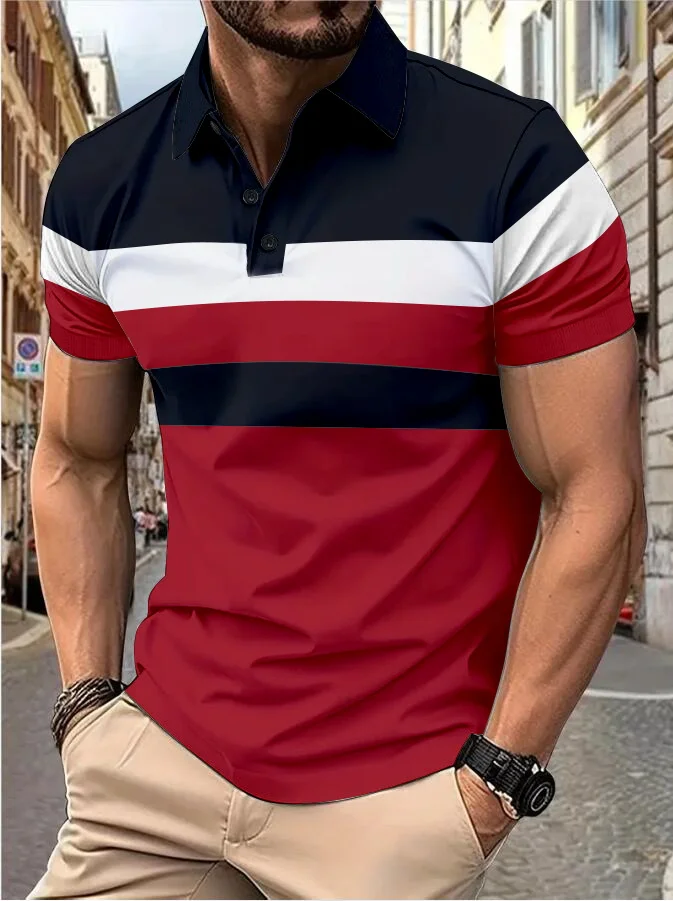 Men's short sleeve chest three stripes color matching fashion with men's lapel short sleeve men's fashion casual top T-shirt