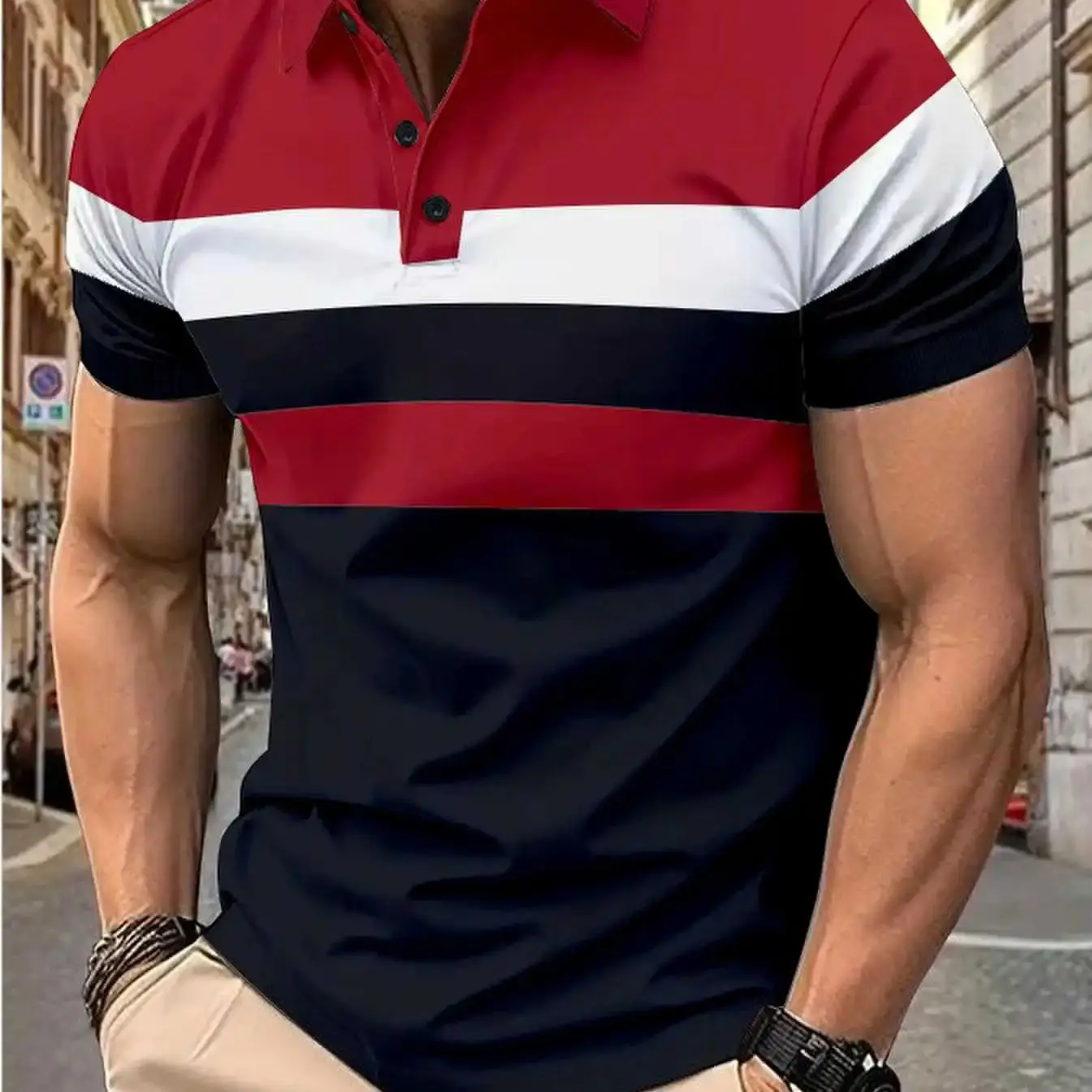 Men's short sleeve chest three stripes color matching fashion with men's lapel short sleeve men's fashion casual top T-shirt