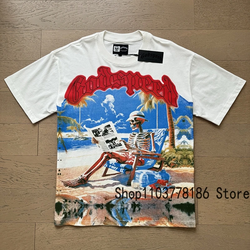 Classic White GOD SPEED T Shirts Letter Logo Seaside Holiday Scenery Print Godspeed Short Sleeve Unisex Tees Tops