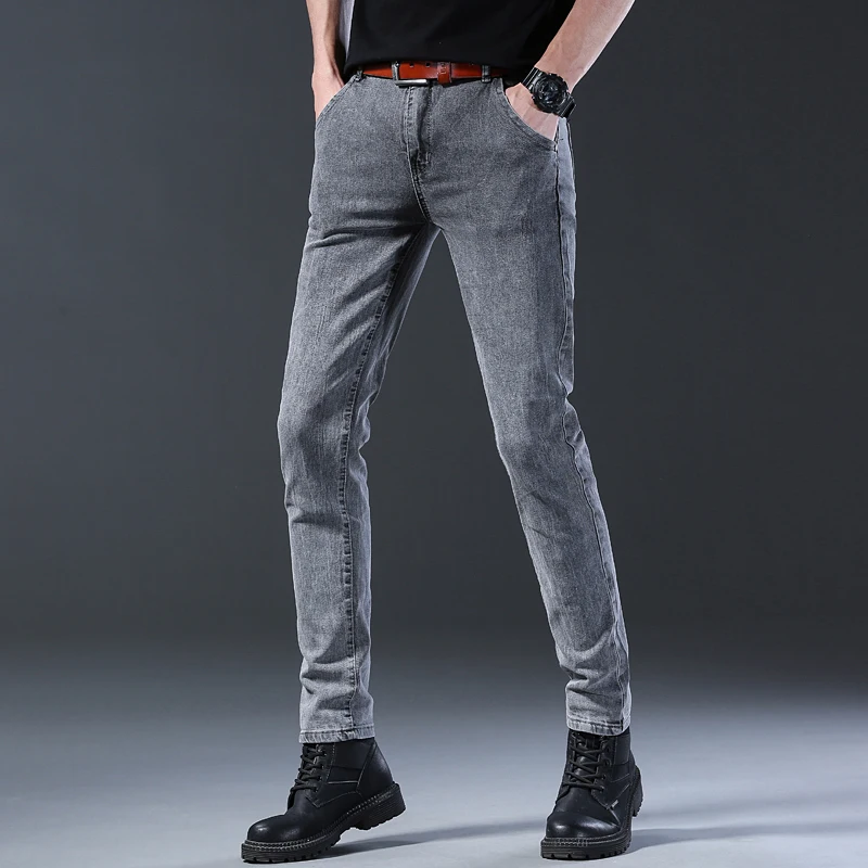 New style jeans, men's slim fit, Korean style comfortable straight leg elastic gray mid waist pants, men's casual denim pants