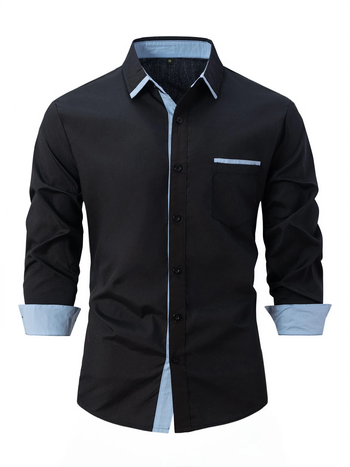 Men's business casual shirt, fashionable solid color, versatile, long-sleeved lapel cotton shirt, pocket, spring and autumn