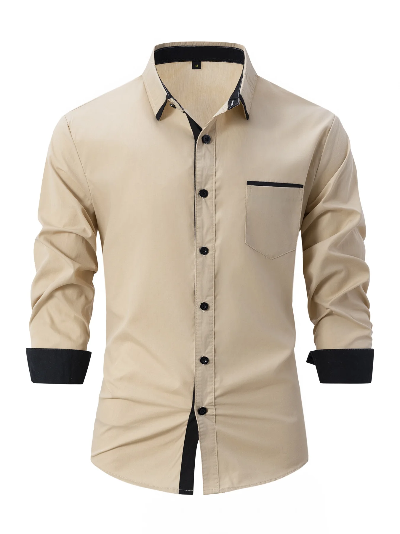 Men's business casual shirt, fashionable solid color, versatile, long-sleeved lapel cotton shirt, pocket, spring and autumn Men's business casual shirt, fashionable solid color, versatile, long-sleeved lapel cotton shirt, pocket, spring and autumn