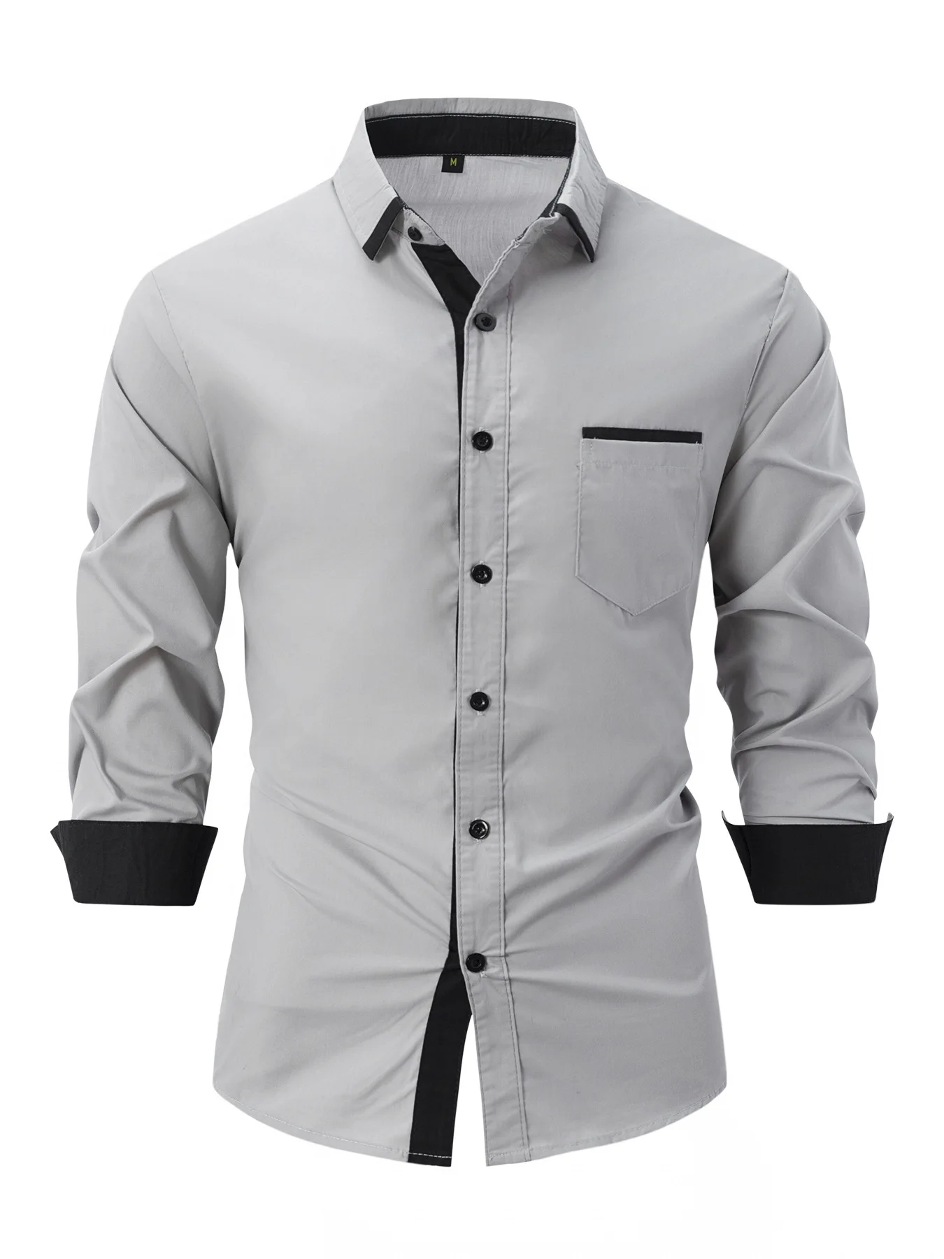 Men's business casual shirt, fashionable solid color, versatile, long-sleeved lapel cotton shirt, pocket, spring and autumn