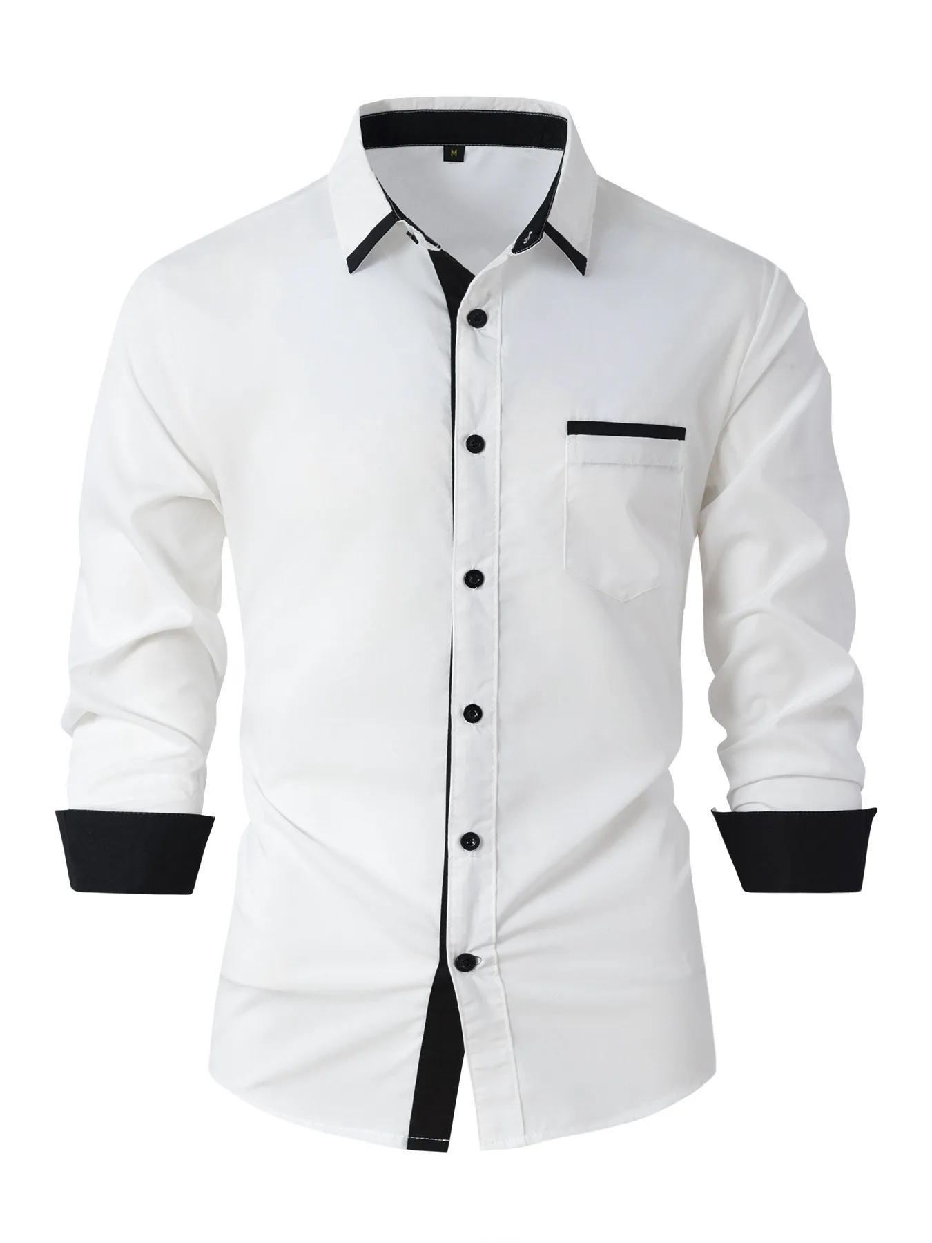 Men's business casual shirt, fashionable solid color, versatile, long-sleeved lapel cotton shirt, pocket, spring and autumn
