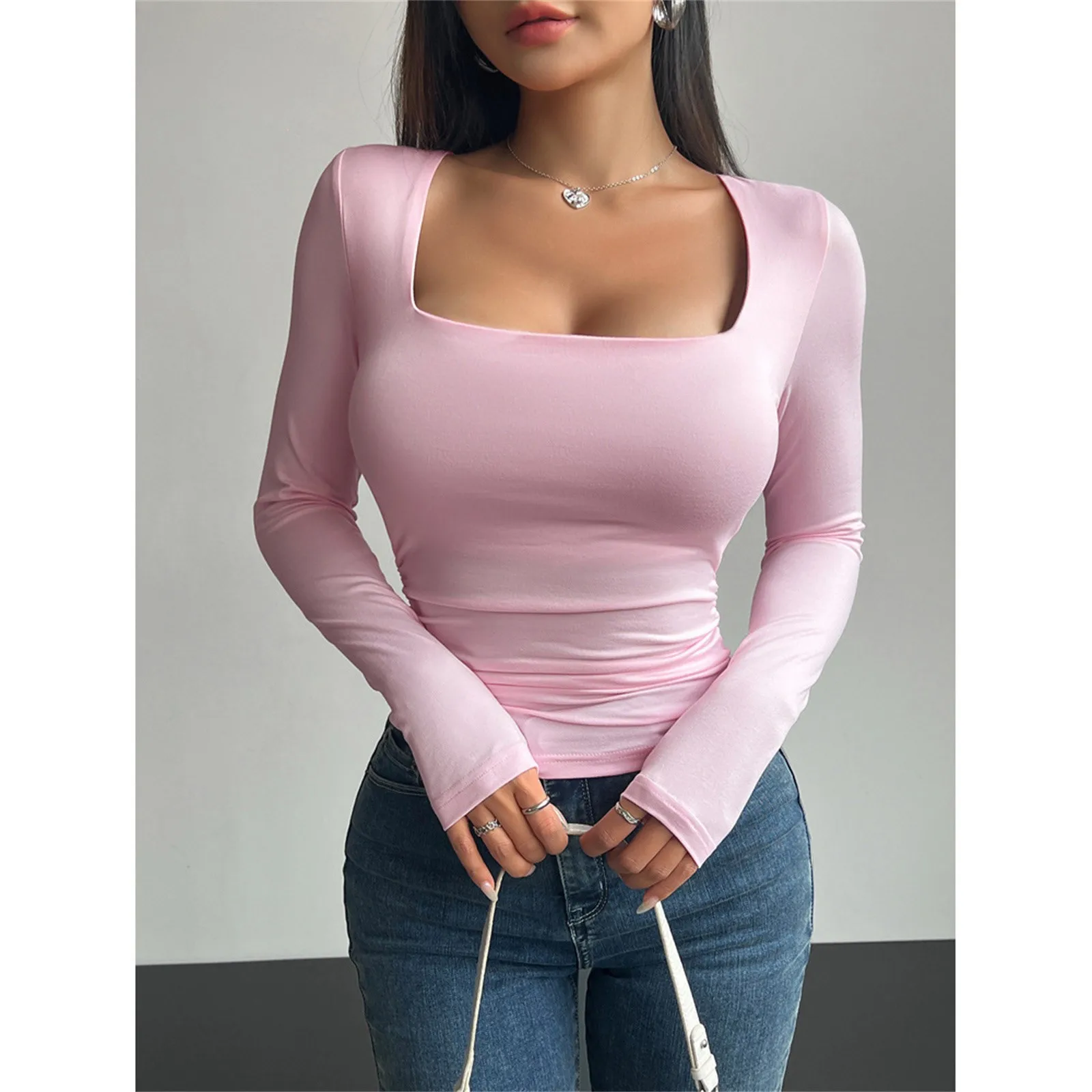 Women'S New Slim Fit T-Shirt Classic Simple Solid Sexy Square Neck Long Sleeve Pullover Tops Daily Basic Regular T-Shirts