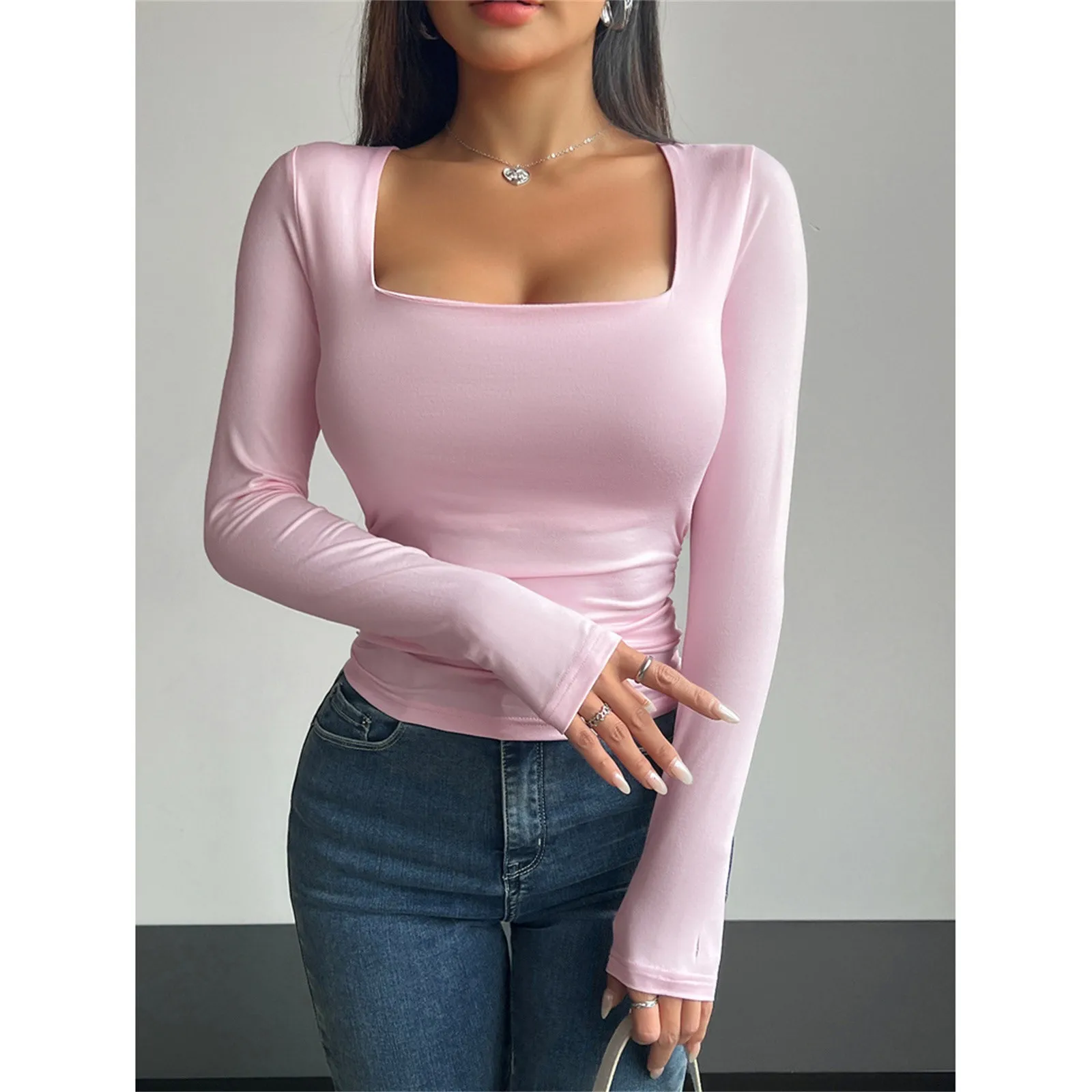 Women'S New Slim Fit T-Shirt Classic Simple Solid Sexy Square Neck Long Sleeve Pullover Tops Daily Basic Regular T-Shirts