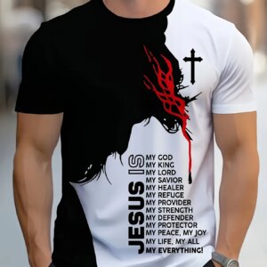 1pc Men'S Casual Polyester T-Shirt with 3D Jesus Graphic Print,Crew Neck,Short Sleeve,Slight Stretch Knit Fabri