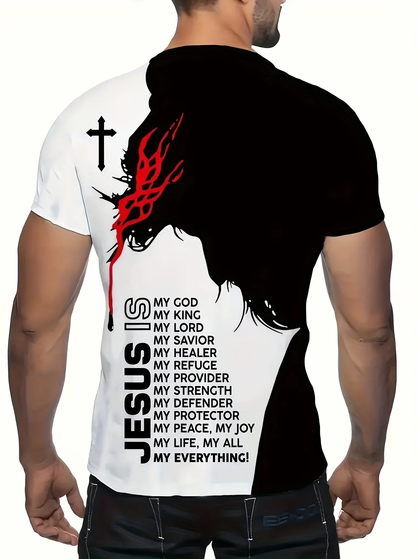 1pc Men'S Casual Polyester T-Shirt with 3D Jesus Graphic Print,Crew Neck,Short Sleeve,Slight Stretch Knit Fabri