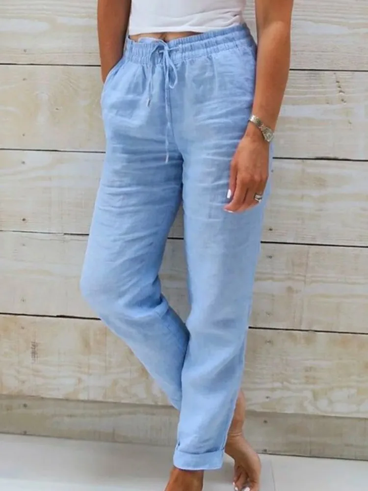 2025 Cotton Linen Summer Pants Women High Waist Elastic Casual Trousers Fashion Streetwear Breathable Female Loose Pencil Pants 2025 Cotton Linen Summer Pants Women High Waist Elastic Casual Trousers Fashion Streetwear Breathable Female Loose Pencil Pants