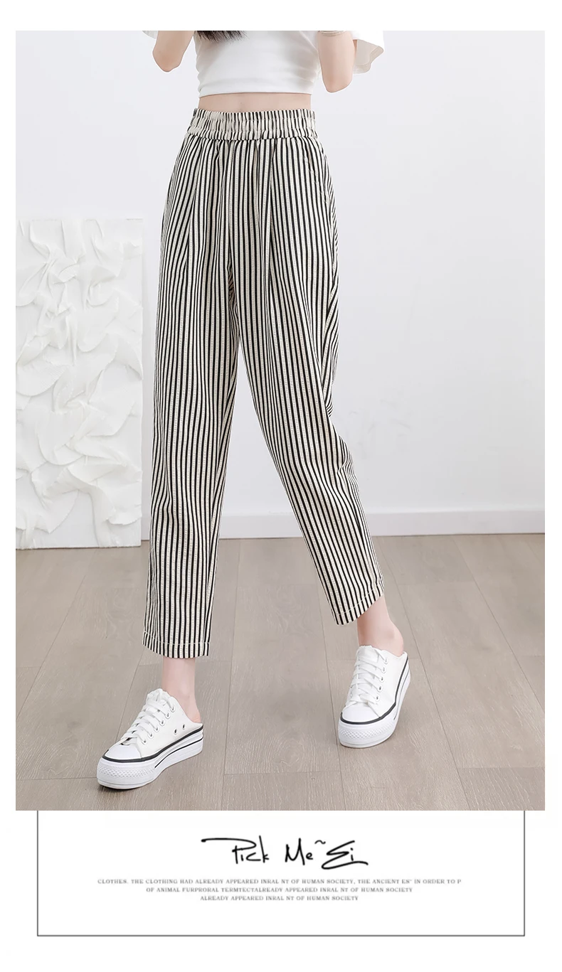 Women's Casual Vertical Striped Comfortable Breathable Elastic Waist Belted Daily Wear Casual Tapered Crop Pants With Pockets Women's Casual Vertical Striped Comfortable Breathable Elastic Waist Belted Daily Wear Casual Tapered Crop Pants With Pockets