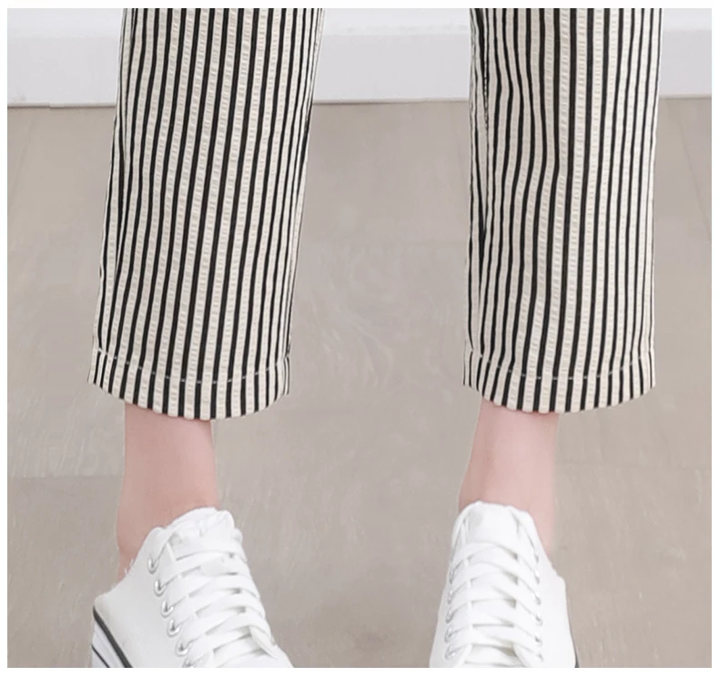 Women's Casual Vertical Striped Comfortable Breathable Elastic Waist Belted Daily Wear Casual Tapered Crop Pants With Pockets Women's Casual Vertical Striped Comfortable Breathable Elastic Waist Belted Daily Wear Casual Tapered Crop Pants With Pockets