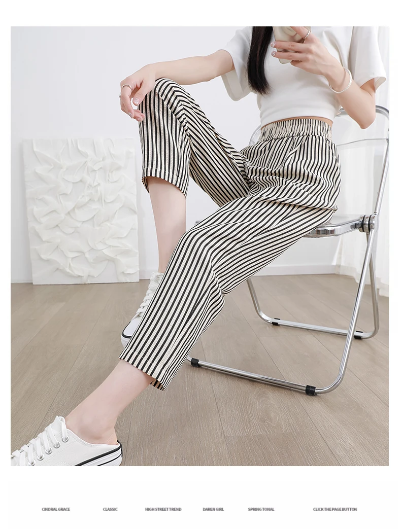 Women's Casual Vertical Striped Comfortable Breathable Elastic Waist Belted Daily Wear Casual Tapered Crop Pants With Pockets Women's Casual Vertical Striped Comfortable Breathable Elastic Waist Belted Daily Wear Casual Tapered Crop Pants With Pockets