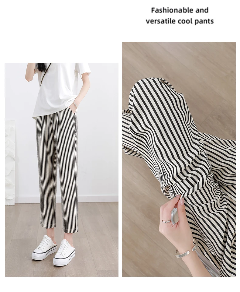 Women's Casual Vertical Striped Comfortable Breathable Elastic Waist Belted Daily Wear Casual Tapered Crop Pants With Pockets Women's Casual Vertical Striped Comfortable Breathable Elastic Waist Belted Daily Wear Casual Tapered Crop Pants With Pockets