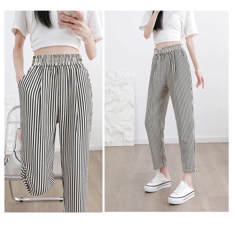 Women's Casual Vertical Striped Comfortable Breathable Elastic Waist Belted Daily Wear Casual Tapered Crop Pants With Pockets Women's Casual Vertical Striped Comfortable Breathable Elastic Waist Belted Daily Wear Casual Tapered Crop Pants With Pockets