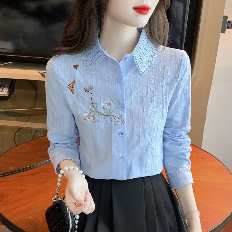 Embroidery Women Spring Autumn Blouses Shirts Lady Casual Long Sleeve Turn-down Collar Solid Color Blusas Tops DF4775 Embroidery Women Spring Autumn Blouses Shirts Lady Casual Long Sleeve Turn-down Collar Solid Color Blusas Tops DF4775