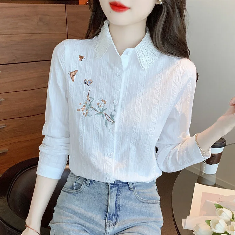Embroidery Women Spring Autumn Blouses Shirts Lady Casual Long Sleeve Turn-down Collar Solid Color Blusas Tops DF4775 Embroidery Women Spring Autumn Blouses Shirts Lady Casual Long Sleeve Turn-down Collar Solid Color Blusas Tops DF4775