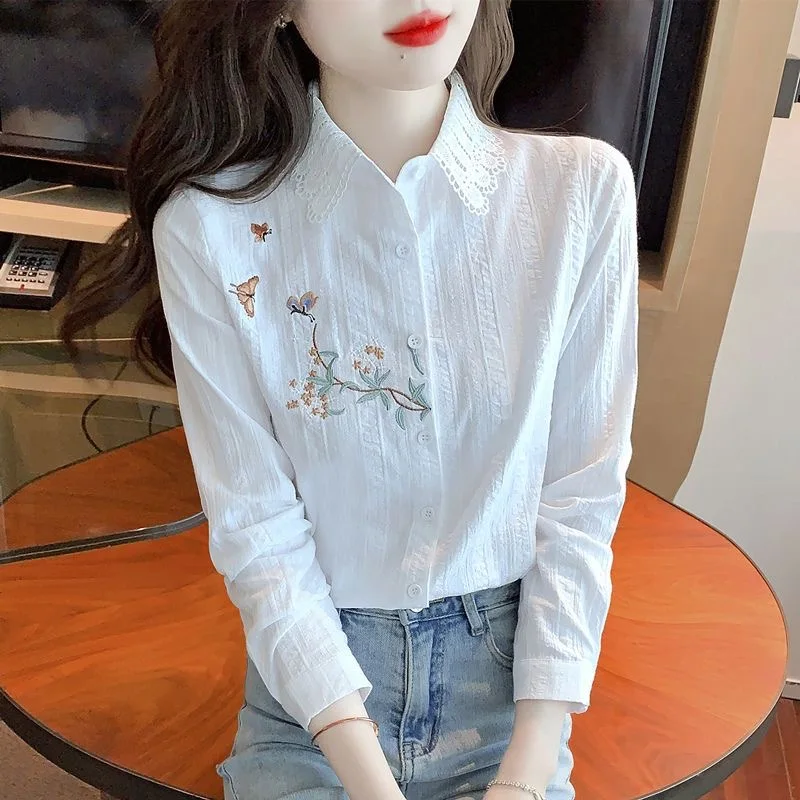 Embroidery Women Spring Autumn Blouses Shirts Lady Casual Long Sleeve Turn-down Collar Solid Color Blusas Tops DF4775 Embroidery Women Spring Autumn Blouses Shirts Lady Casual Long Sleeve Turn-down Collar Solid Color Blusas Tops DF4775