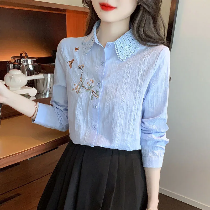 Embroidery Women Spring Autumn Blouses Shirts Lady Casual Long Sleeve Turn-down Collar Solid Color Blusas Tops DF4775 Embroidery Women Spring Autumn Blouses Shirts Lady Casual Long Sleeve Turn-down Collar Solid Color Blusas Tops DF4775