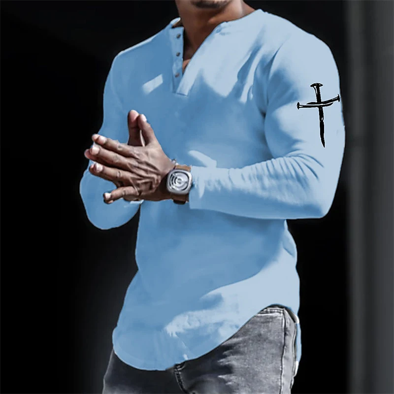 Spring Henley Shirts Jesus Christ Cross 3D Print Streetwear Men's Vintage Button-Down Long Sleeve T Shirt Man Tees Tops Clothing
