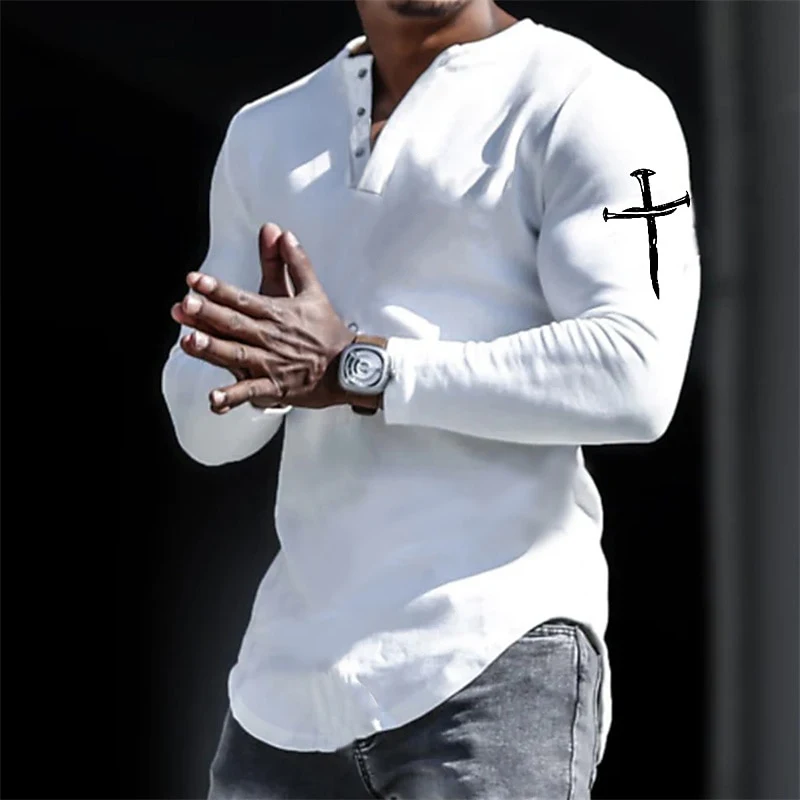Spring Henley Shirts Jesus Christ Cross 3D Print Streetwear Men's Vintage Button-Down Long Sleeve T Shirt Man Tees Tops Clothing