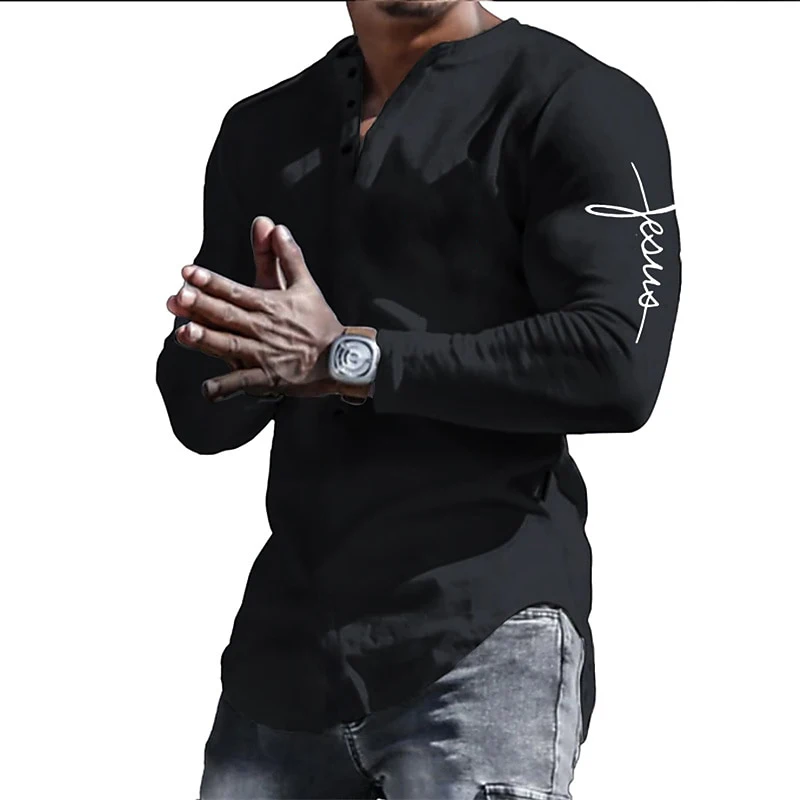 Spring Henley Shirts Jesus Christ Cross 3D Print Streetwear Men's Vintage Button-Down Long Sleeve T Shirt Man Tees Tops Clothing