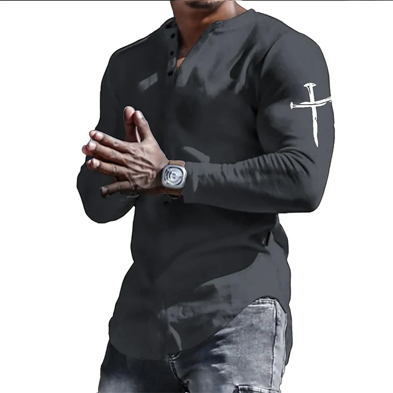 Spring Henley Shirts Jesus Christ Cross 3D Print Streetwear Men's Vintage Button-Down Long Sleeve T Shirt Man Tees Tops Clothing