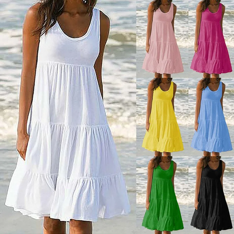 Bohemian Women's Casual O Neck Sleeveless Ruffle Mini Dress Solid Color Beach Tank Top Oversized Loose Dress Plus Size Women3029 Bohemian Women's Casual O Neck Sleeveless Ruffle Mini Dress Solid Color Beach Tank Top Oversized Loose Dress Plus Size Women3029