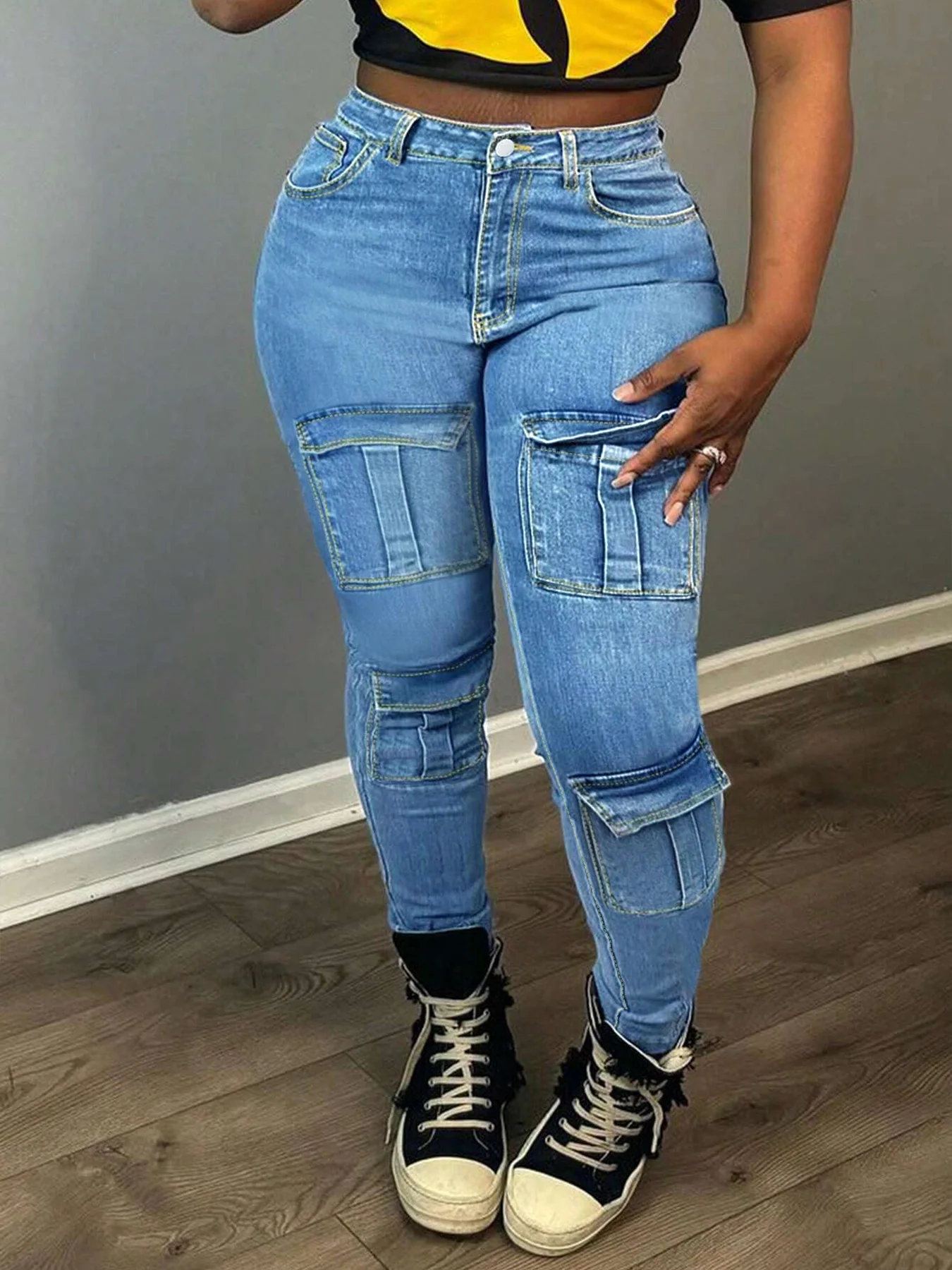 Large size pure blue plain washed multi-pocket flip bag schoolbag street fashion overalls jeans
