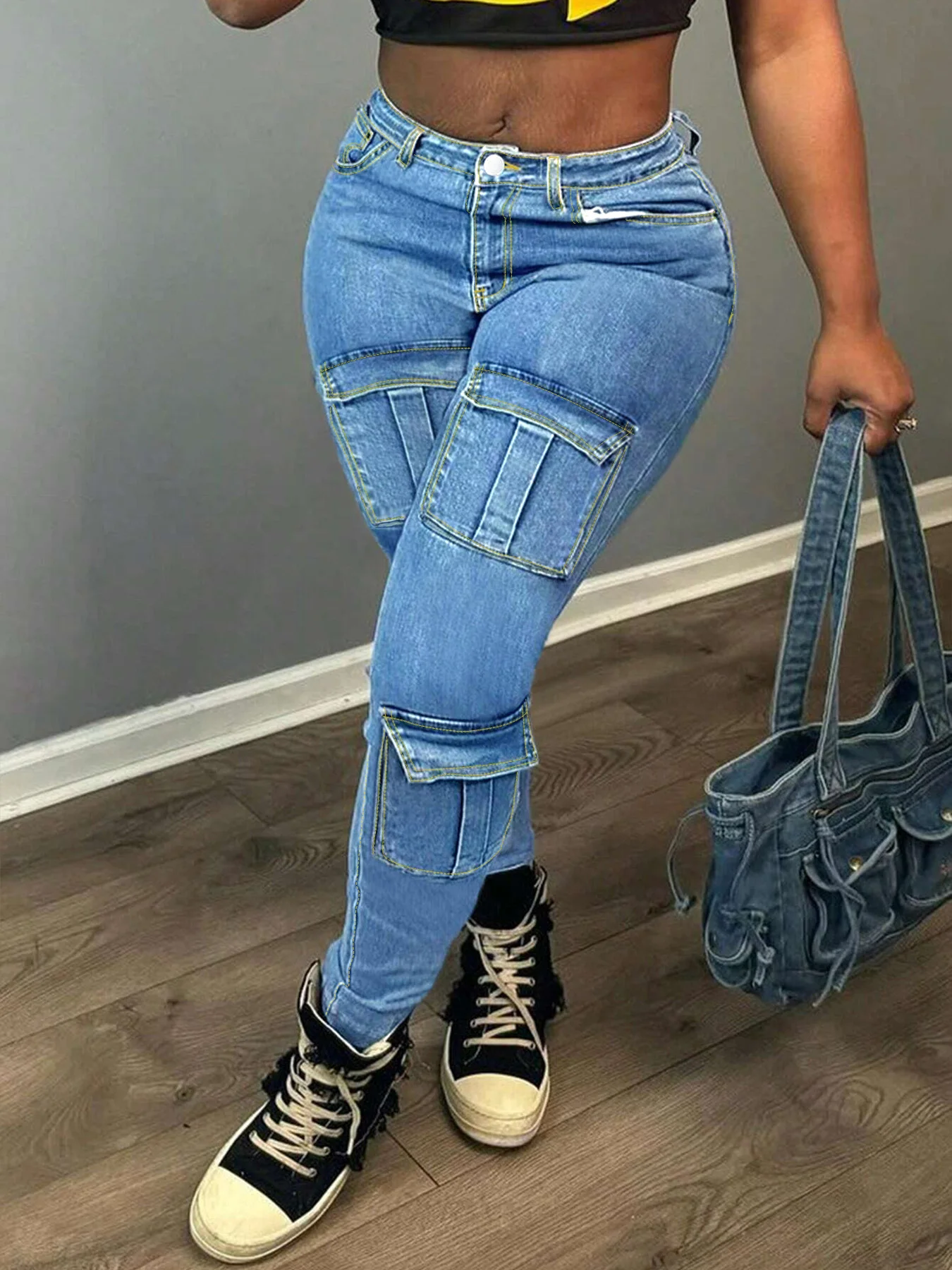 Large size pure blue plain washed multi-pocket flip bag schoolbag street fashion overalls jeans
