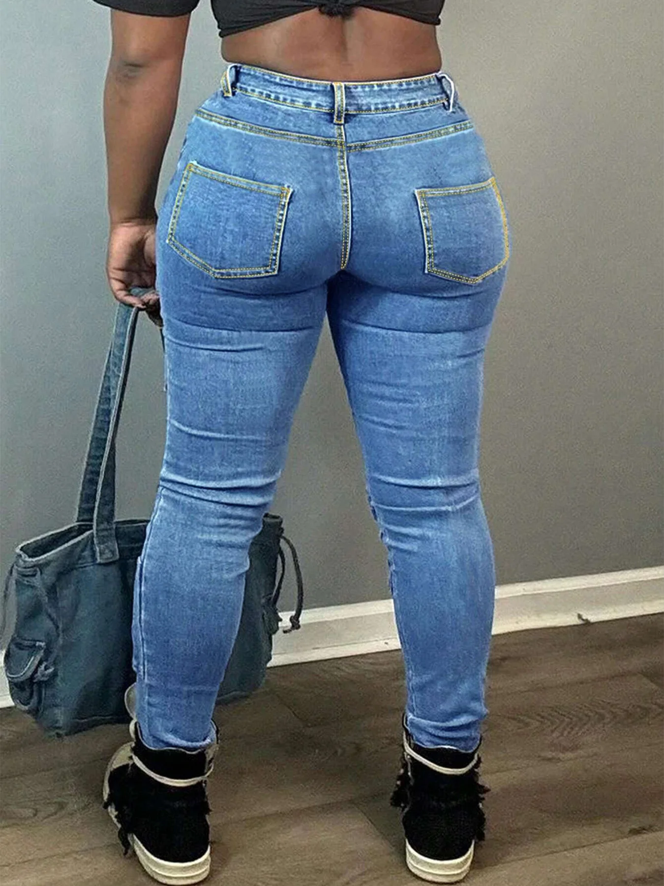 Large size pure blue plain washed multi-pocket flip bag schoolbag street fashion overalls jeans