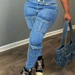 Large size pure blue plain washed multi-pocket flip bag schoolbag street fashion overalls jeans