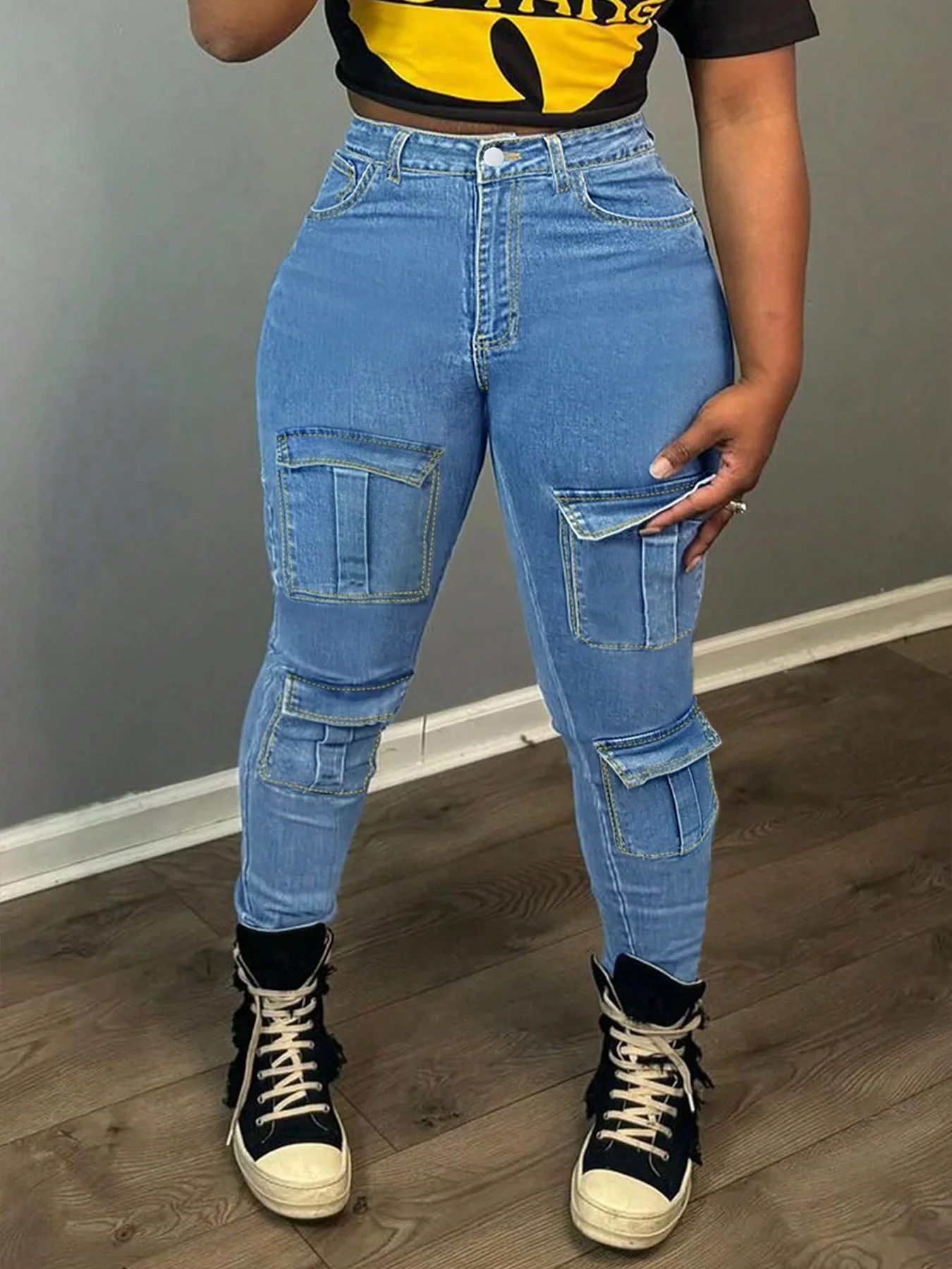 Large size pure blue plain washed multi-pocket flip bag schoolbag street fashion overalls jeans