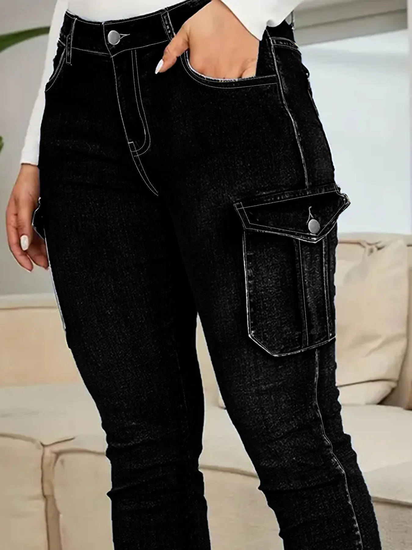 Large Size Black Multi-Pocket Flip Bag High Waist Elastic Street Fashion Casual Comfort Four Seasons Women's Large Size Jeans