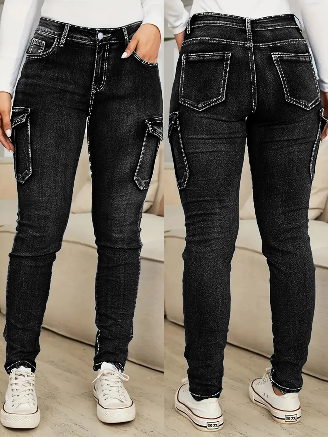 Large Size Black Multi-Pocket Flip Bag High Waist Elastic Street Fashion Casual Comfort Four Seasons Women's Large Size Jeans